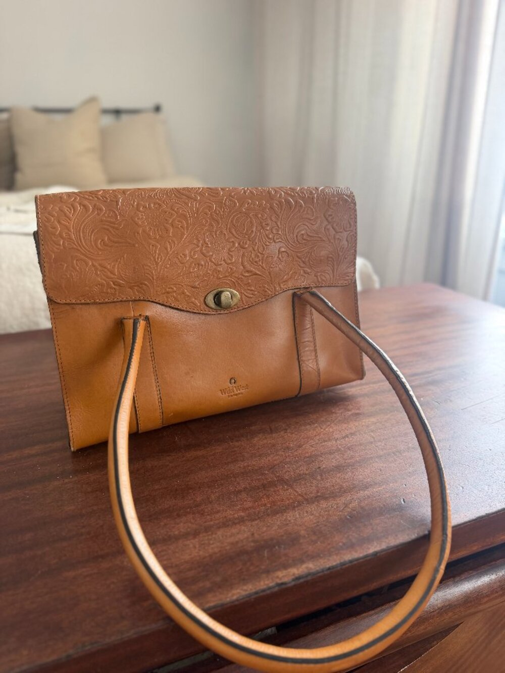 Wild West Los Angeles Cognac Leather Handbag | Embossed Floral